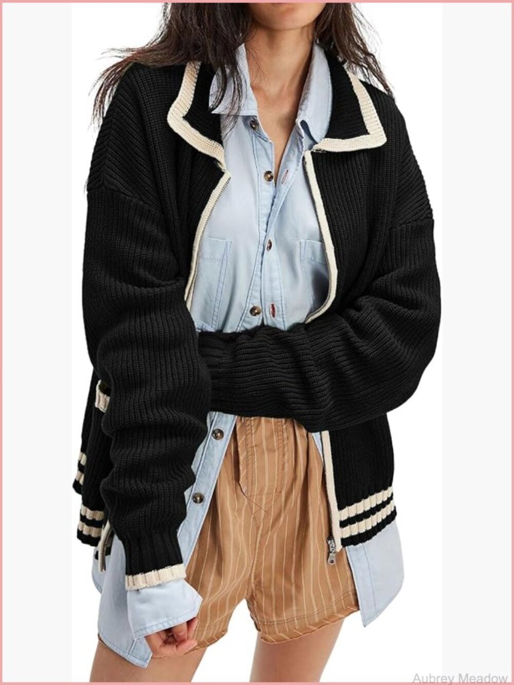 Casual Knit Zip Up Cardigan Sweater Open Front Contrast Trim Long Sleeve